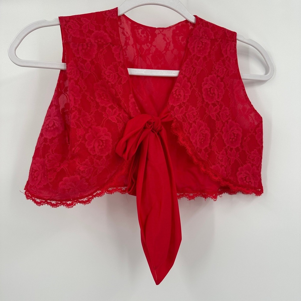 Womens Coquette Red Lace‎ Cropped Bolero Jacket Size S Tie Romantic Sheer
